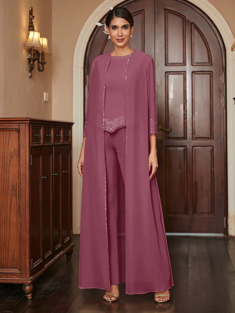Chiffon Scoop 3/4 Sleeves 3 Pieces Pantsuits with Sequins & Jacket - Image 44