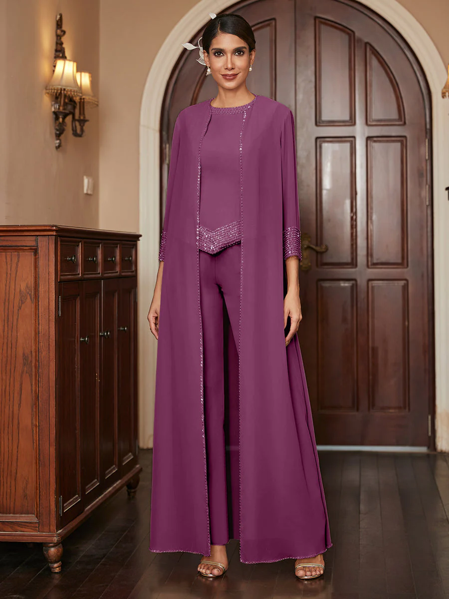 Chiffon Scoop 3/4 Sleeves 3 Pieces Pantsuits with Sequins & Jacket - Image 45