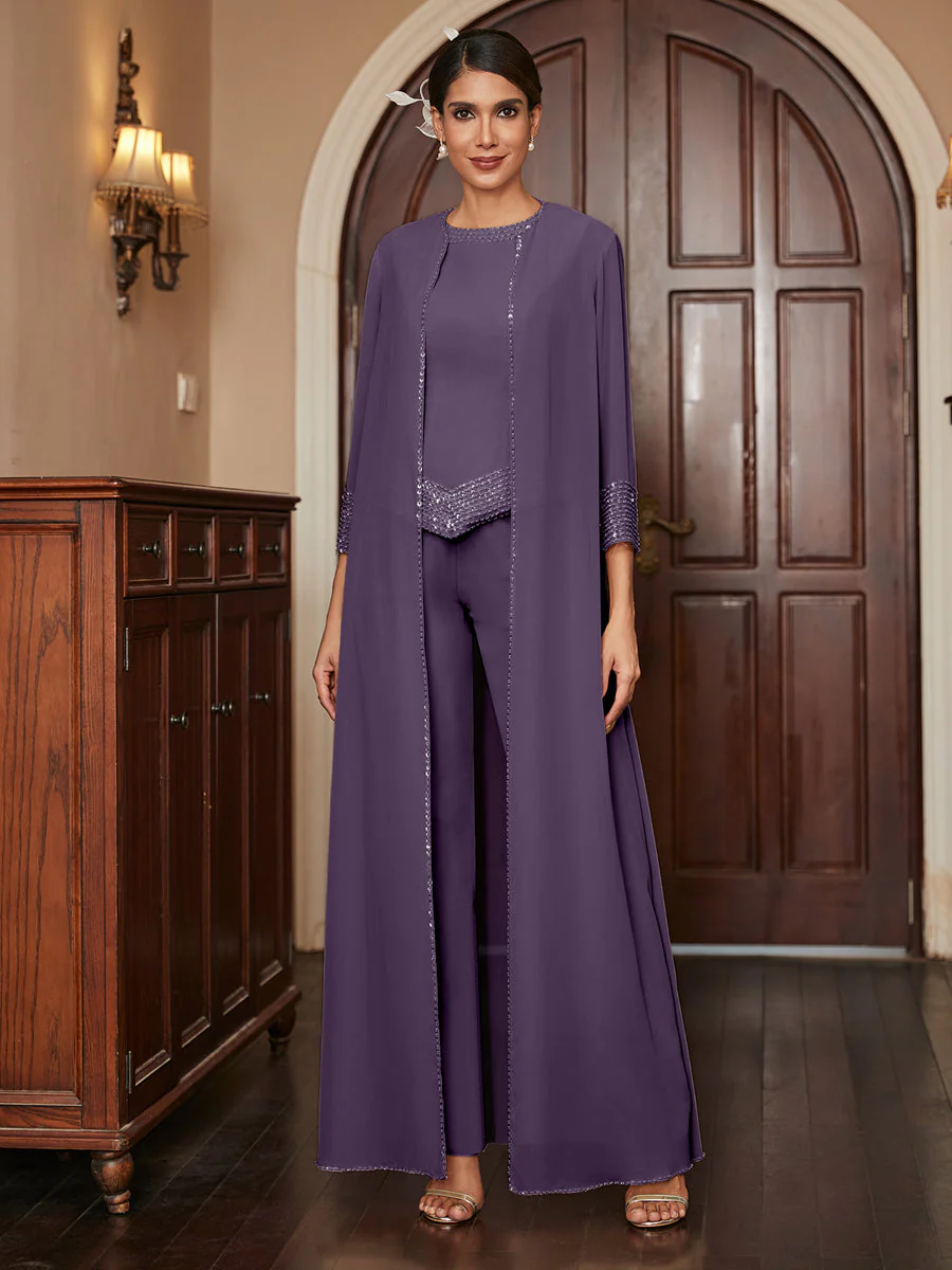 Chiffon Scoop 3/4 Sleeves 3 Pieces Pantsuits with Sequins & Jacket - Image 46