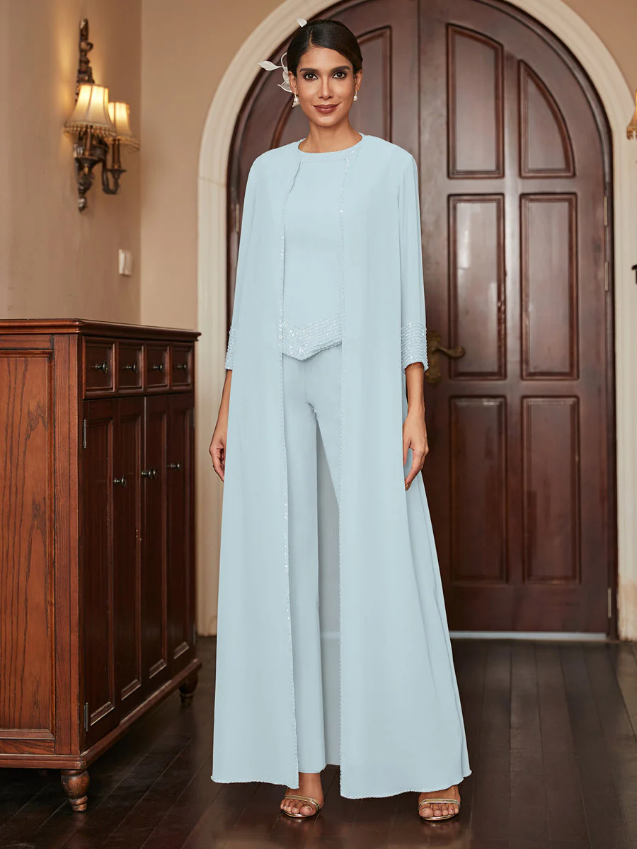 Chiffon Scoop 3/4 Sleeves 3 Pieces Pantsuits with Sequins & Jacket - Image 48