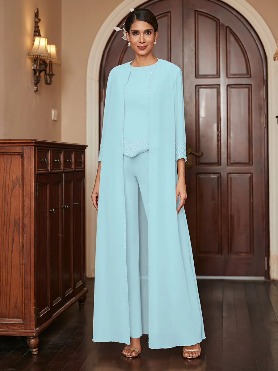 Chiffon Scoop 3/4 Sleeves 3 Pieces Pantsuits with Sequins & Jacket - Image 50