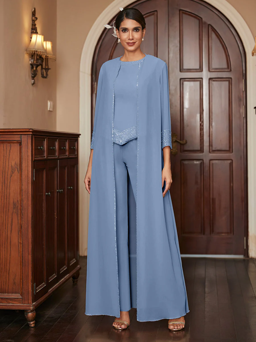 Chiffon Scoop 3/4 Sleeves 3 Pieces Pantsuits with Sequins & Jacket - Image 52