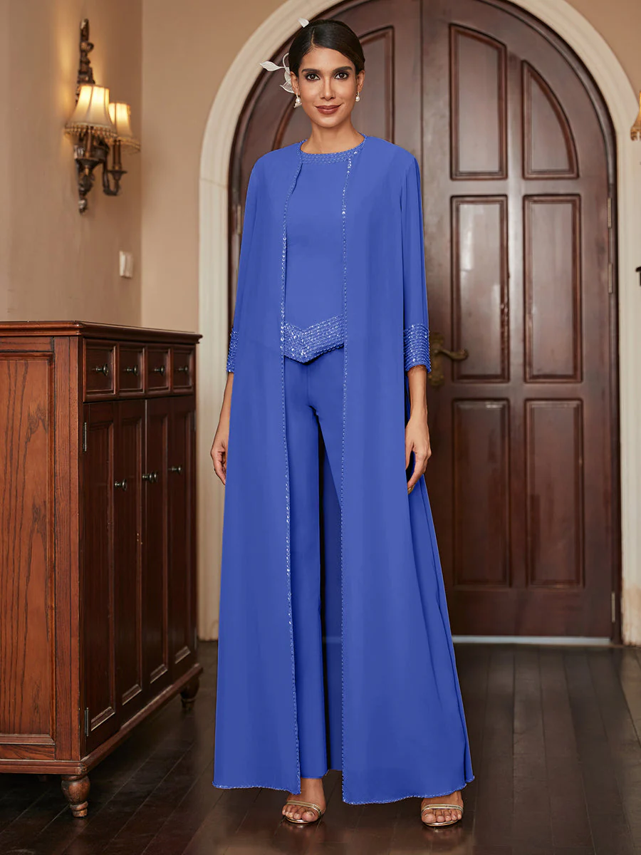 Chiffon Scoop 3/4 Sleeves 3 Pieces Pantsuits with Sequins & Jacket - Image 55