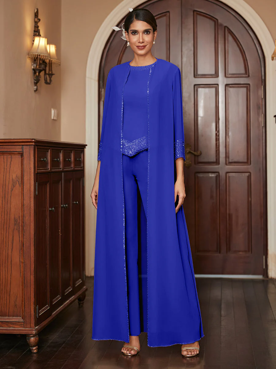 Chiffon Scoop 3/4 Sleeves 3 Pieces Pantsuits with Sequins & Jacket - Image 56