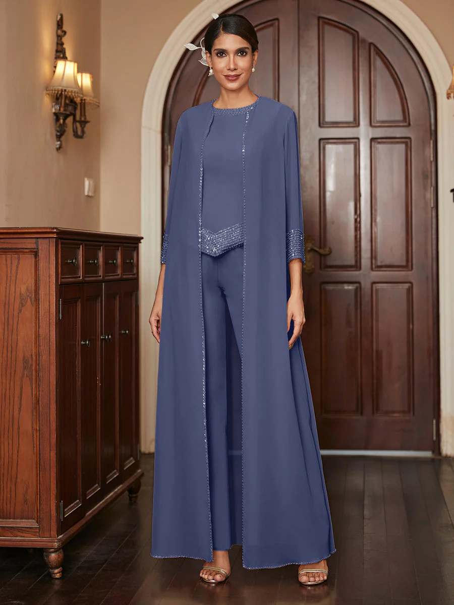 Chiffon Scoop 3/4 Sleeves 3 Pieces Pantsuits with Sequins & Jacket - Image 58