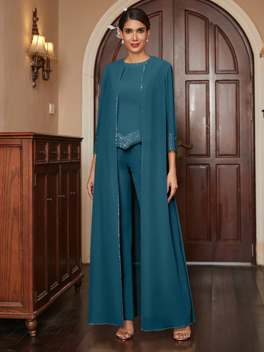 Chiffon Scoop 3/4 Sleeves 3 Pieces Pantsuits with Sequins & Jacket - Image 59