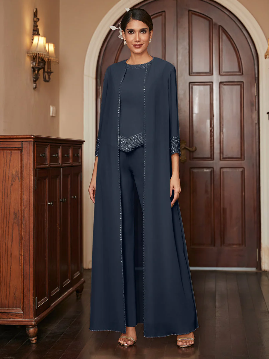 Chiffon Scoop 3/4 Sleeves 3 Pieces Pantsuits with Sequins & Jacket - Image 60