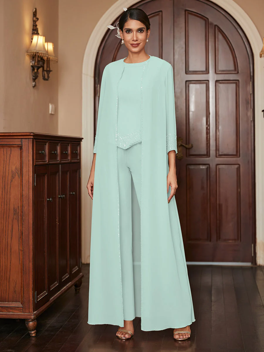 Chiffon Scoop 3/4 Sleeves 3 Pieces Pantsuits with Sequins & Jacket - Image 61