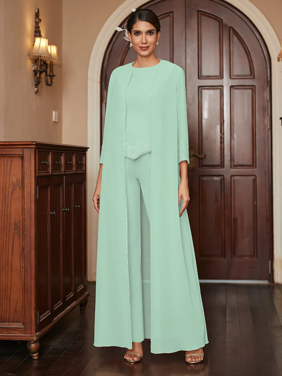 Chiffon Scoop 3/4 Sleeves 3 Pieces Pantsuits with Sequins & Jacket - Image 62