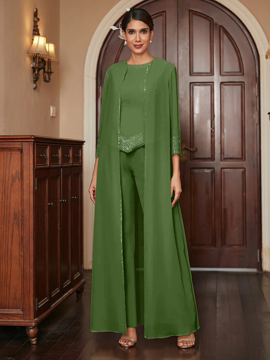 Chiffon Scoop 3/4 Sleeves 3 Pieces Pantsuits with Sequins & Jacket - Image 66