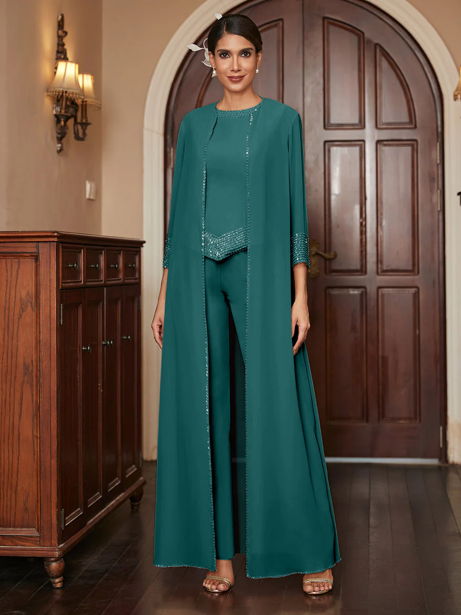 Chiffon Scoop 3/4 Sleeves 3 Pieces Pantsuits with Sequins & Jacket - Image 67