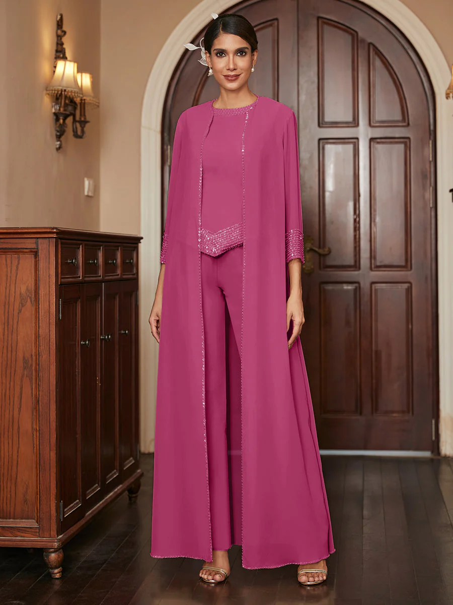 Chiffon Scoop 3/4 Sleeves 3 Pieces Pantsuits with Sequins & Jacket - Image 68