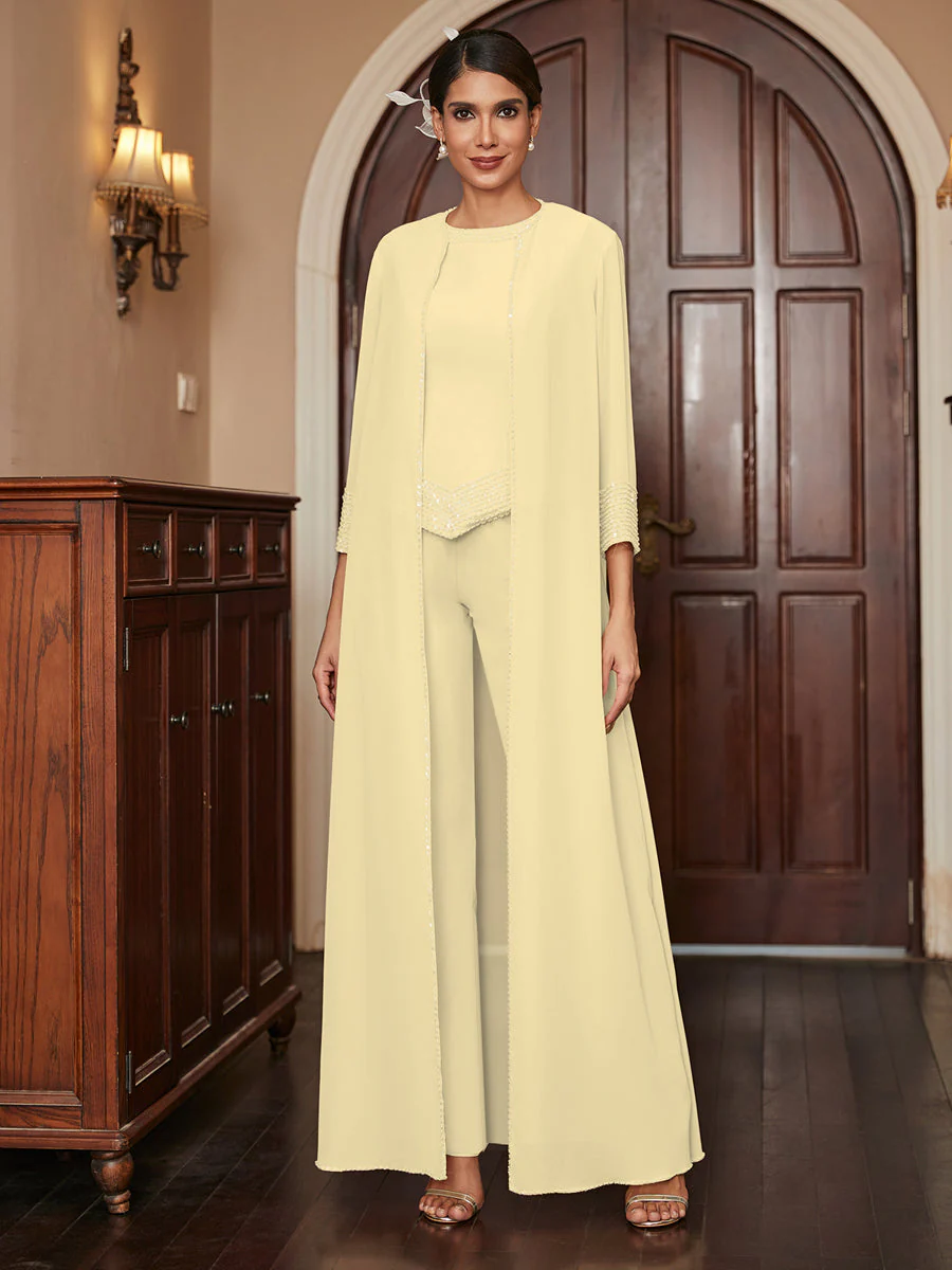 Chiffon Scoop 3/4 Sleeves 3 Pieces Pantsuits with Sequins & Jacket - Image 69