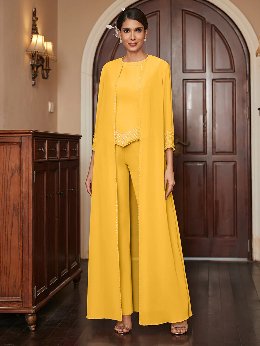 Chiffon Scoop 3/4 Sleeves 3 Pieces Pantsuits with Sequins & Jacket - Image 71