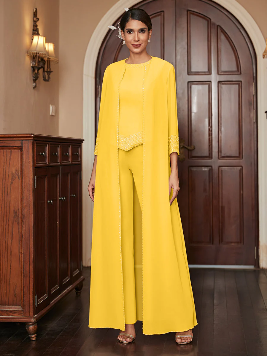 Chiffon Scoop 3/4 Sleeves 3 Pieces Pantsuits with Sequins & Jacket - Image 72