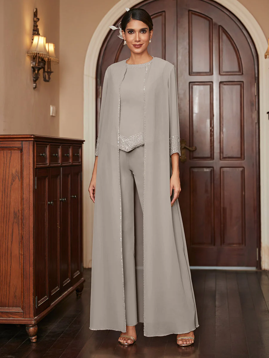 Chiffon Scoop 3/4 Sleeves 3 Pieces Pantsuits with Sequins & Jacket - Image 74