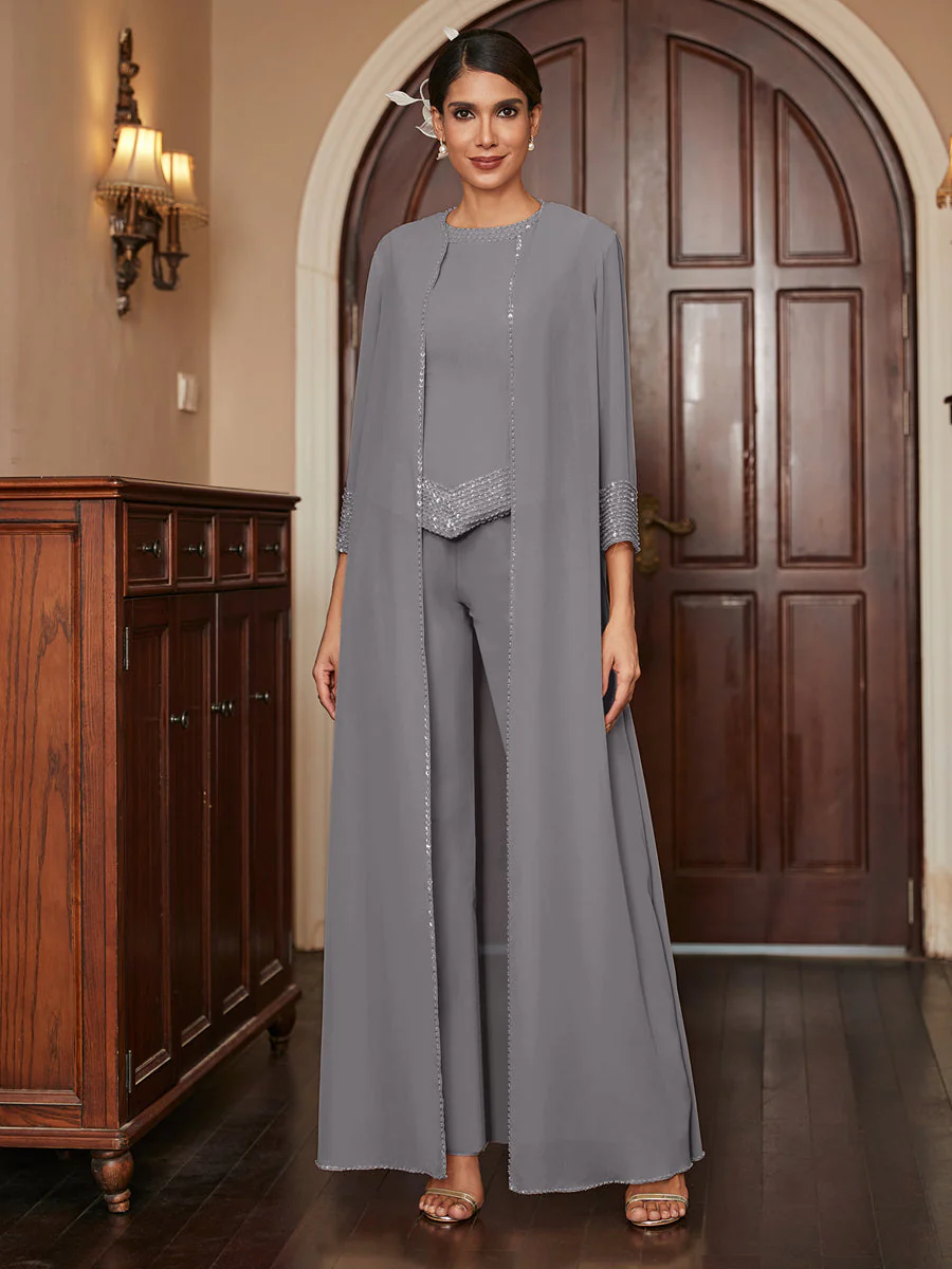 Chiffon Scoop 3/4 Sleeves 3 Pieces Pantsuits with Sequins & Jacket - Image 75