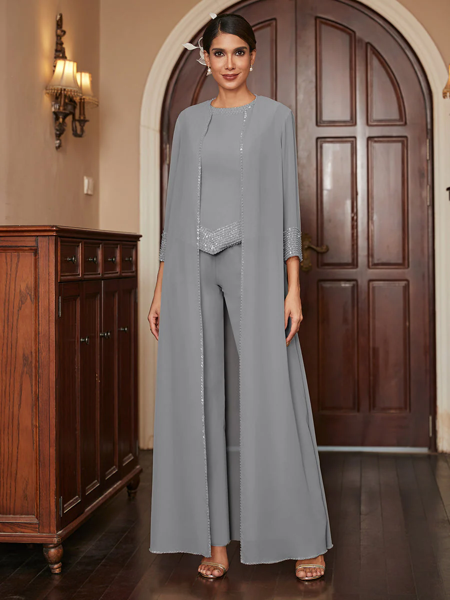 Chiffon Scoop 3/4 Sleeves 3 Pieces Pantsuits with Sequins & Jacket - Image 76