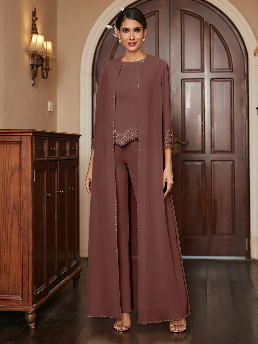 Chiffon Scoop 3/4 Sleeves 3 Pieces Pantsuits with Sequins & Jacket - Image 77
