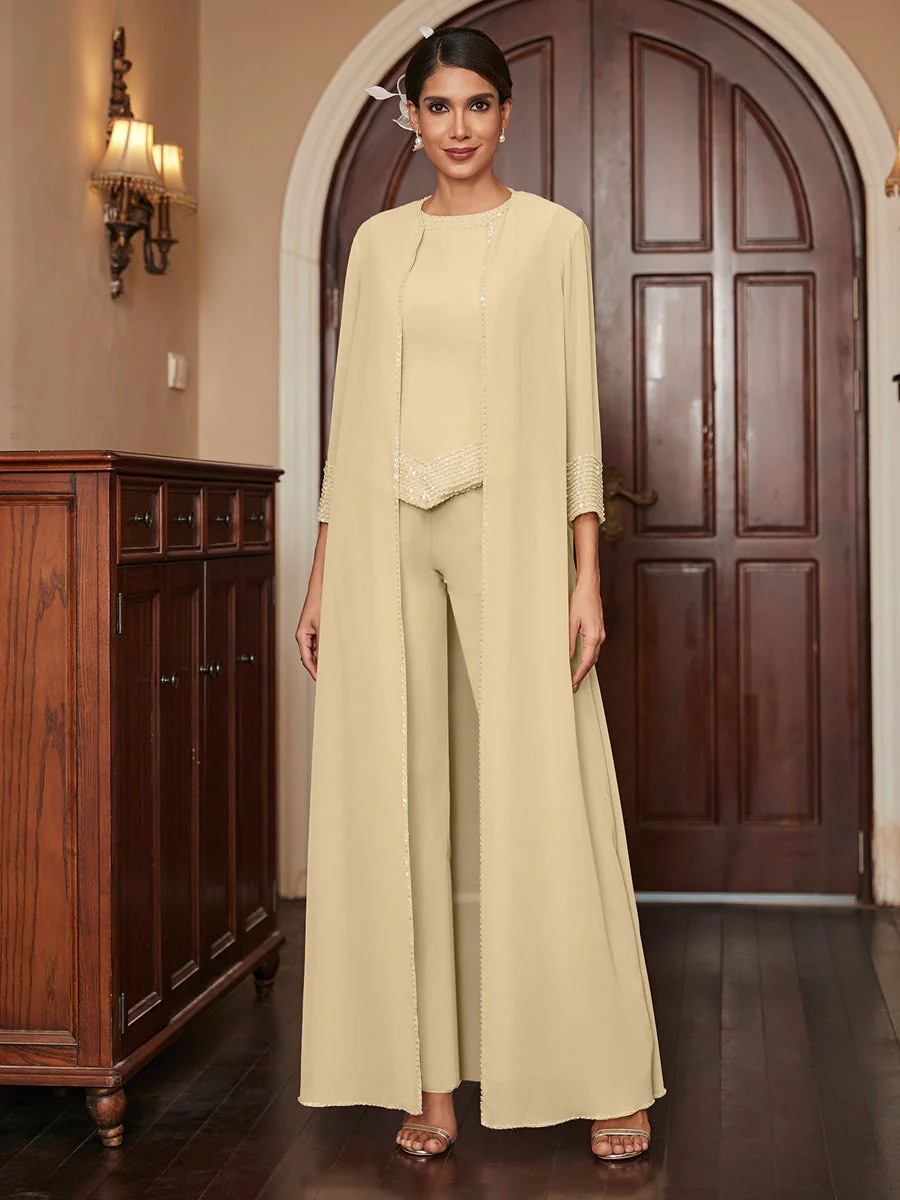 Chiffon Scoop 3/4 Sleeves 3 Pieces Pantsuits with Sequins & Jacket - Image 8