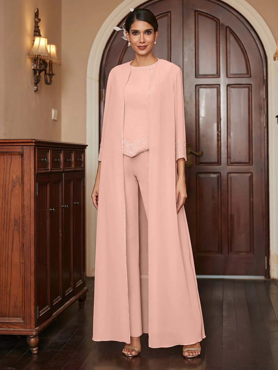 Chiffon Scoop 3/4 Sleeves 3 Pieces Pantsuits with Sequins & Jacket - Image 9