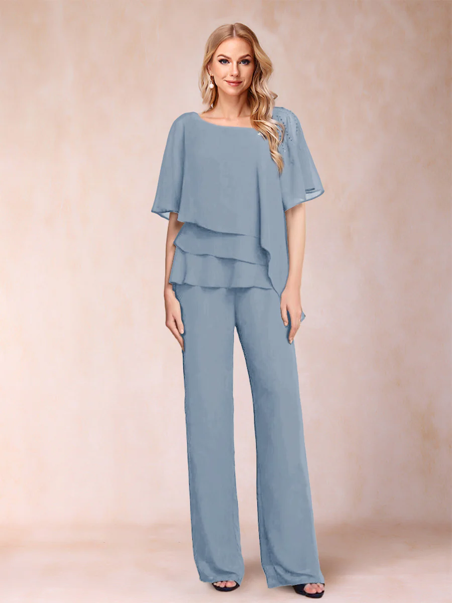 Chiffon V-Neck Half Sleeves 2 Pieces Pantsuits with Rhinestone - Image 12