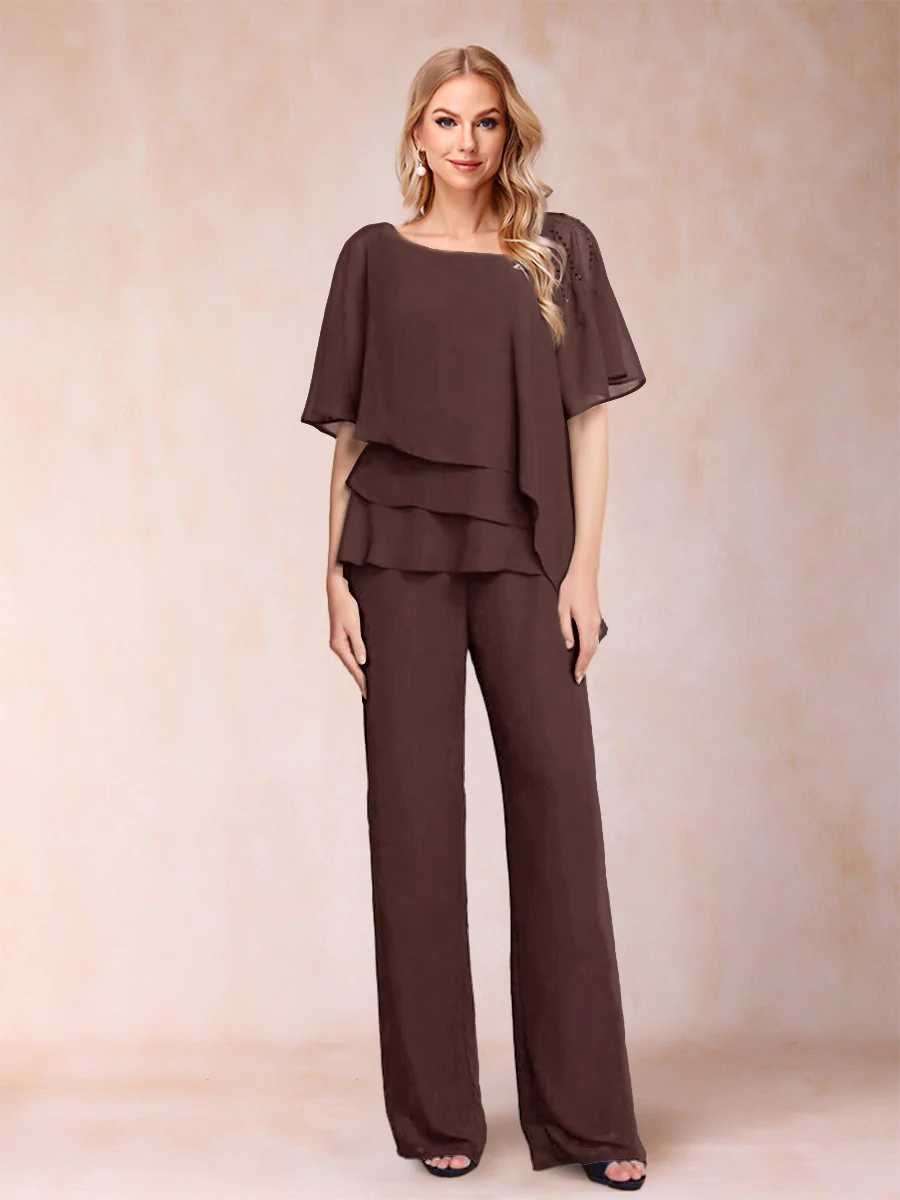 Chiffon V-Neck Half Sleeves 2 Pieces Pantsuits with Rhinestone - Image 28