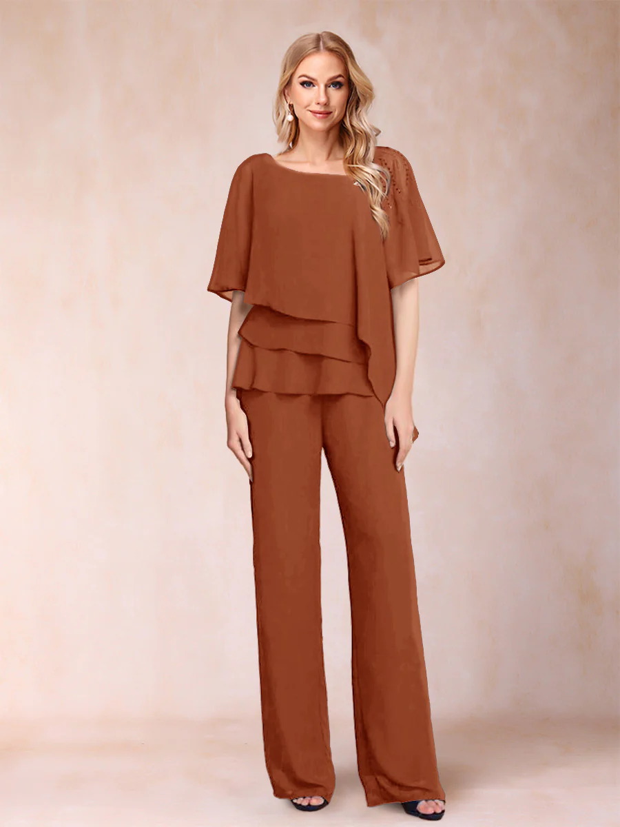 Chiffon V-Neck Half Sleeves 2 Pieces Pantsuits with Rhinestone - Image 29