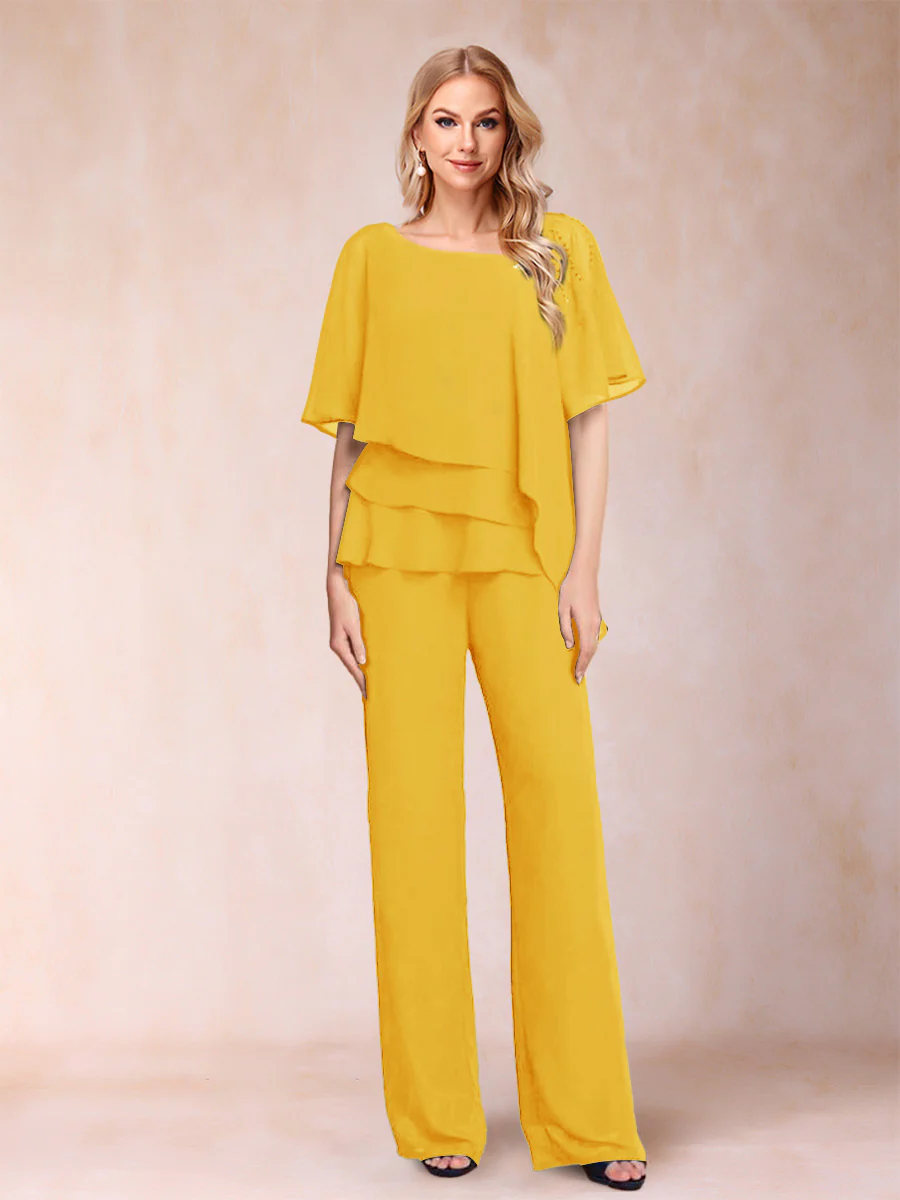 Chiffon V-Neck Half Sleeves 2 Pieces Pantsuits with Rhinestone - Image 40