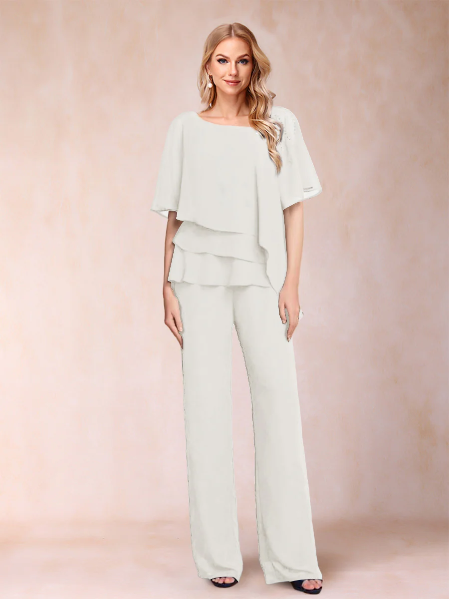 Chiffon V-Neck Half Sleeves 2 Pieces Pantsuits with Rhinestone - Image 44
