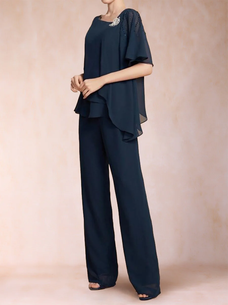 Chiffon V-Neck Half Sleeves 2 Pieces Pantsuits with Rhinestone - Image 5
