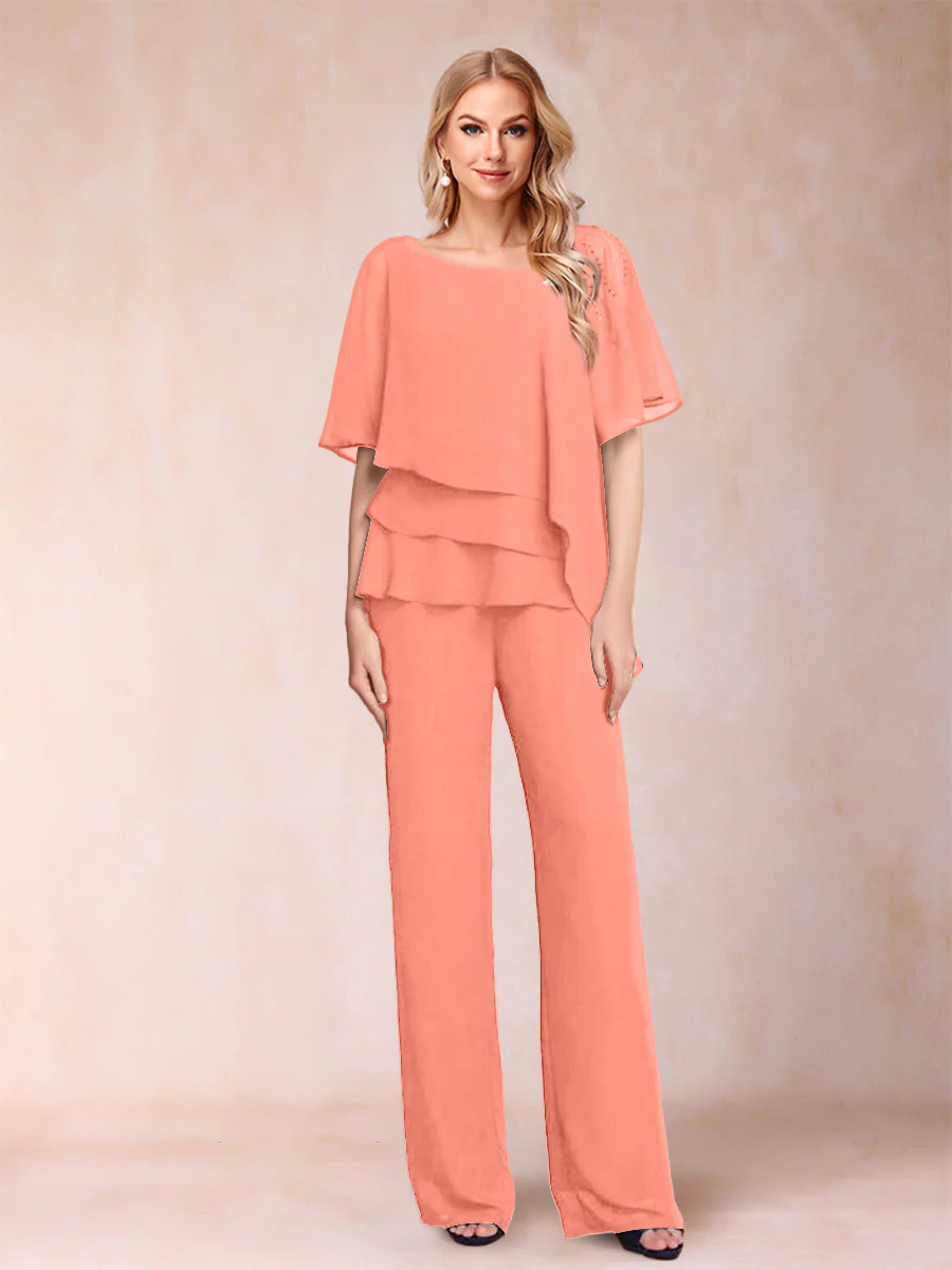 Chiffon V-Neck Half Sleeves 2 Pieces Pantsuits with Rhinestone - Image 62