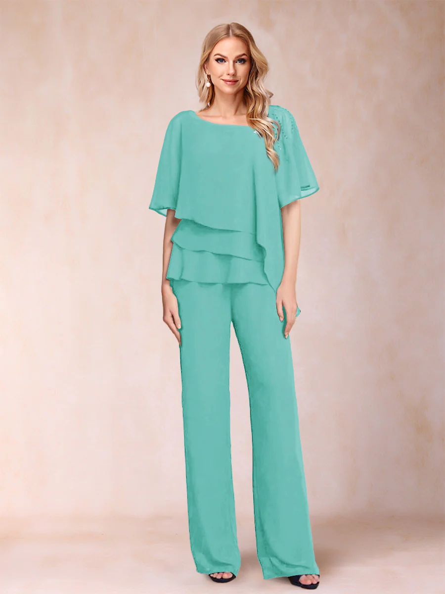 Chiffon V-Neck Half Sleeves 2 Pieces Pantsuits with Rhinestone - Image 65