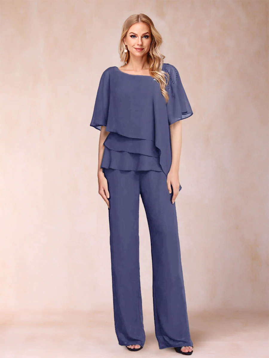 Chiffon V-Neck Half Sleeves 2 Pieces Pantsuits with Rhinestone - Image 67