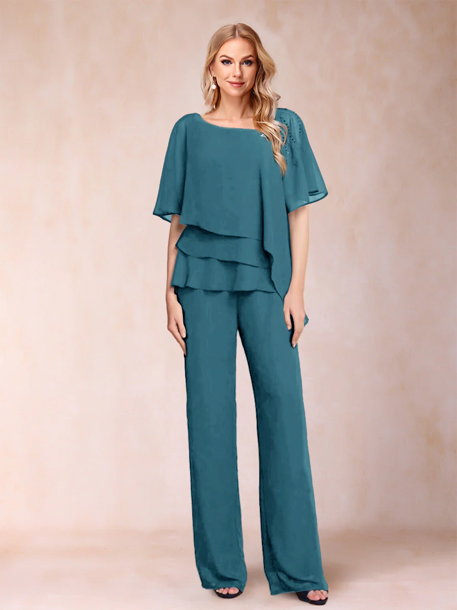 Chiffon V-Neck Half Sleeves 2 Pieces Pantsuits with Rhinestone - Image 69