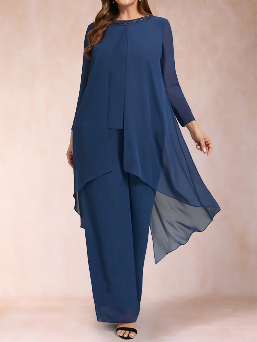 Chiffon Scoop Long Sleeves 2 Pieces Plus Size Pantsuits with Rhinestone & Jacket - Image 3