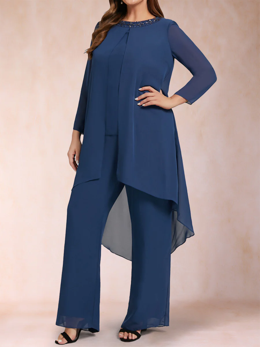 Chiffon Scoop Long Sleeves 2 Pieces Plus Size Pantsuits with Rhinestone & Jacket - Image 5