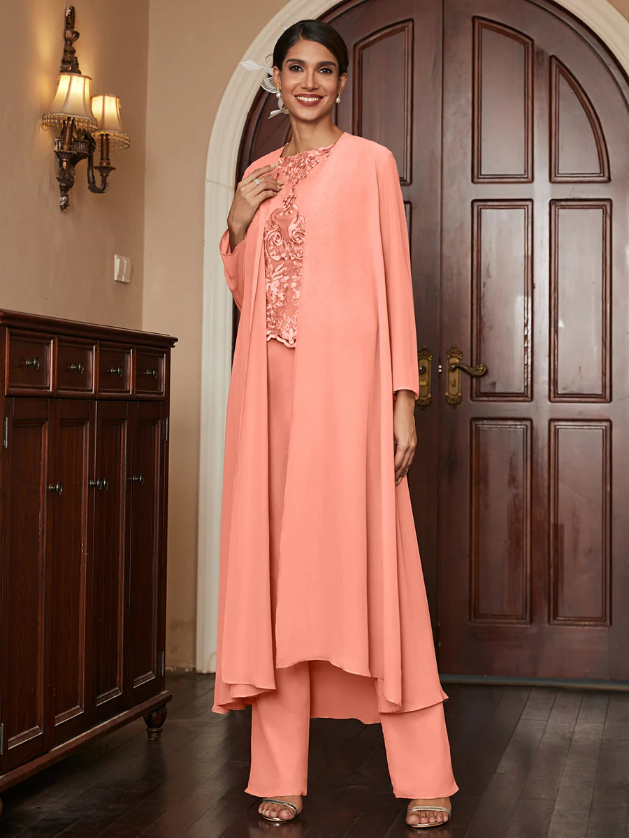 Chiffon Scoop Long Sleeves 3 Pieces Pantsuits with Appliques & Jacket - Image 16