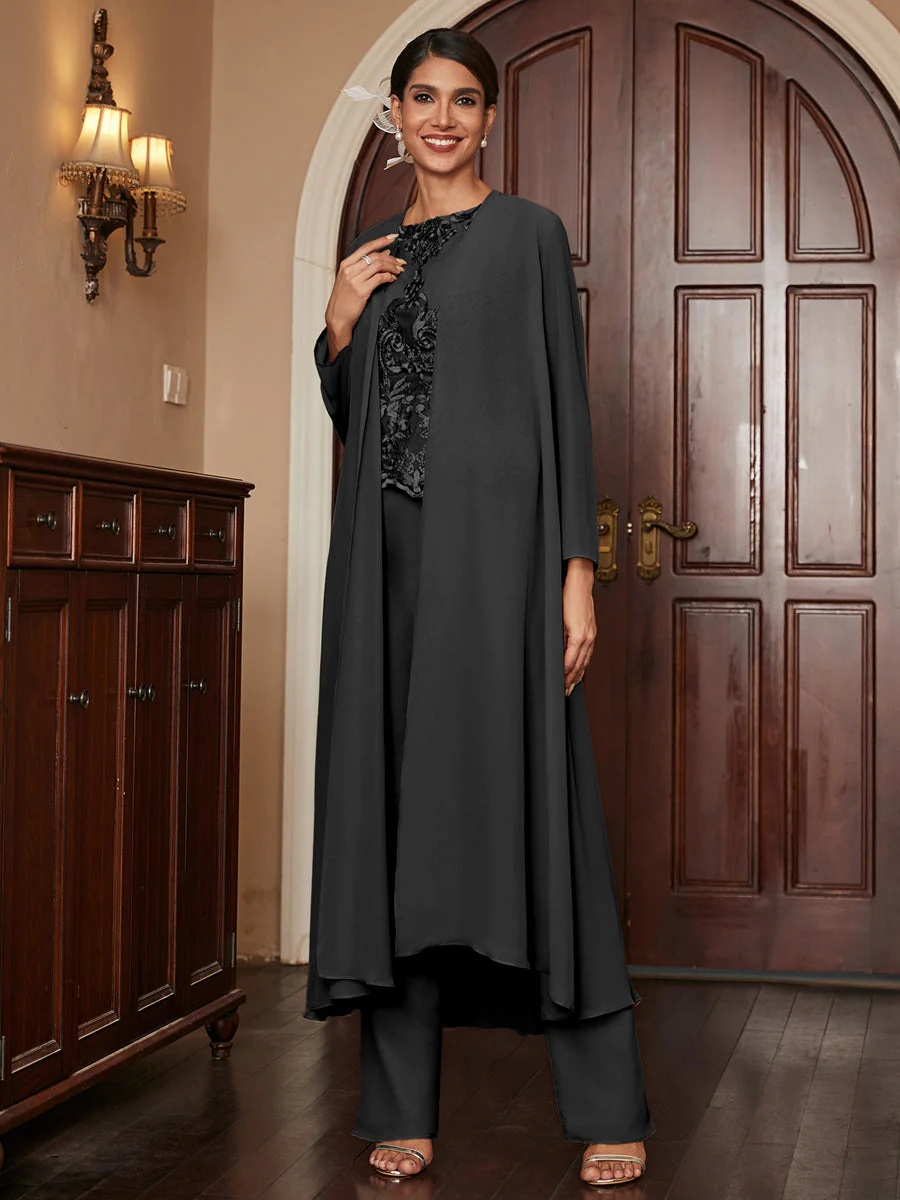 Chiffon Scoop Long Sleeves 3 Pieces Pantsuits with Appliques & Jacket - Image 19