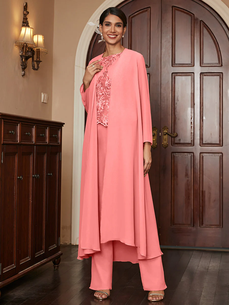 Chiffon Scoop Long Sleeves 3 Pieces Pantsuits with Appliques & Jacket - Image 33