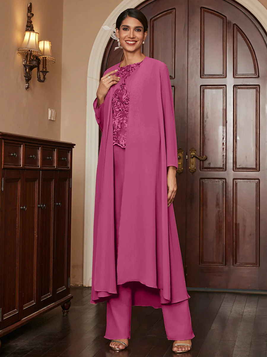 Chiffon Scoop Long Sleeves 3 Pieces Pantsuits with Appliques & Jacket - Image 36