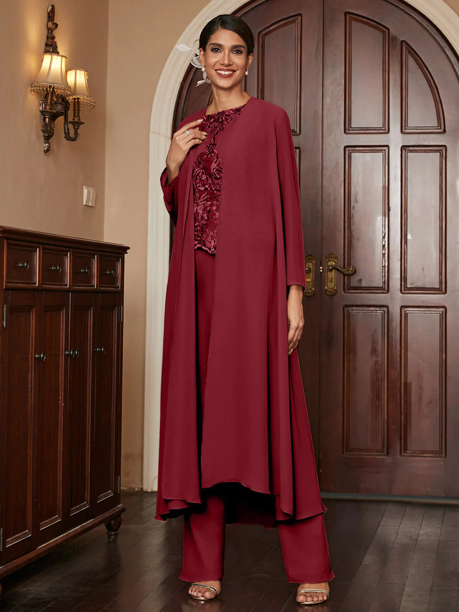 Chiffon Scoop Long Sleeves 3 Pieces Pantsuits with Appliques & Jacket - Image 38