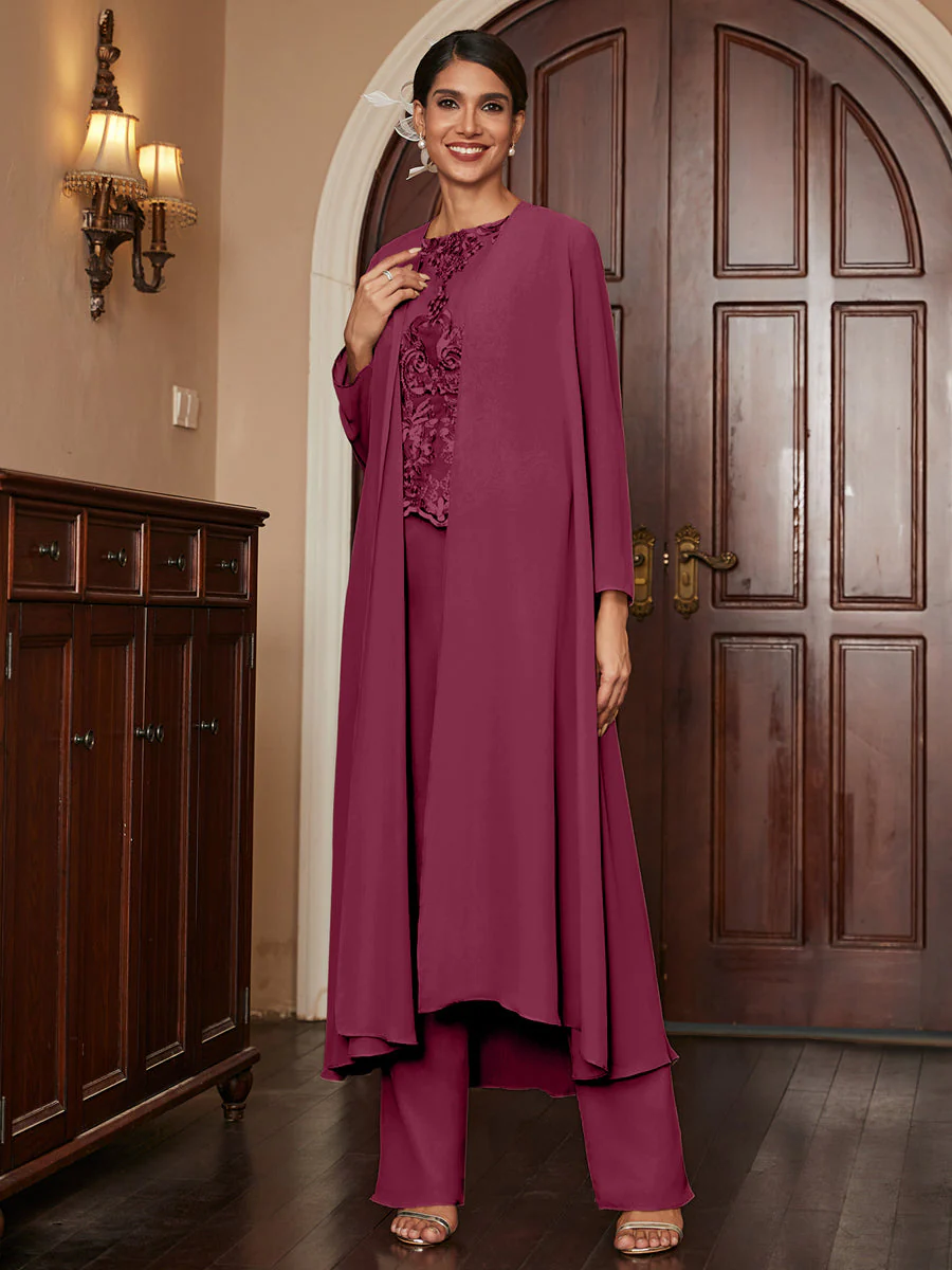 Chiffon Scoop Long Sleeves 3 Pieces Pantsuits with Appliques & Jacket - Image 39