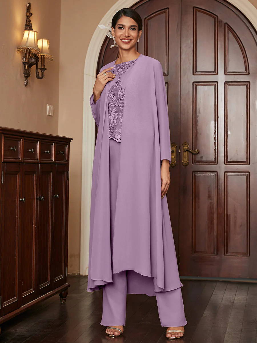 Chiffon Scoop Long Sleeves 3 Pieces Pantsuits with Appliques & Jacket - Image 41