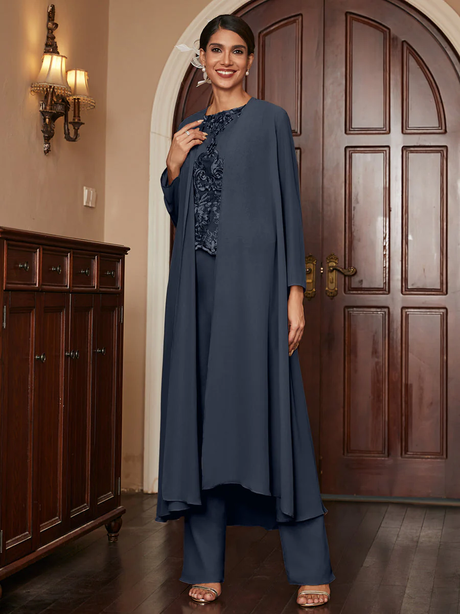 Chiffon Scoop Long Sleeves 3 Pieces Pantsuits with Appliques & Jacket - Image 60