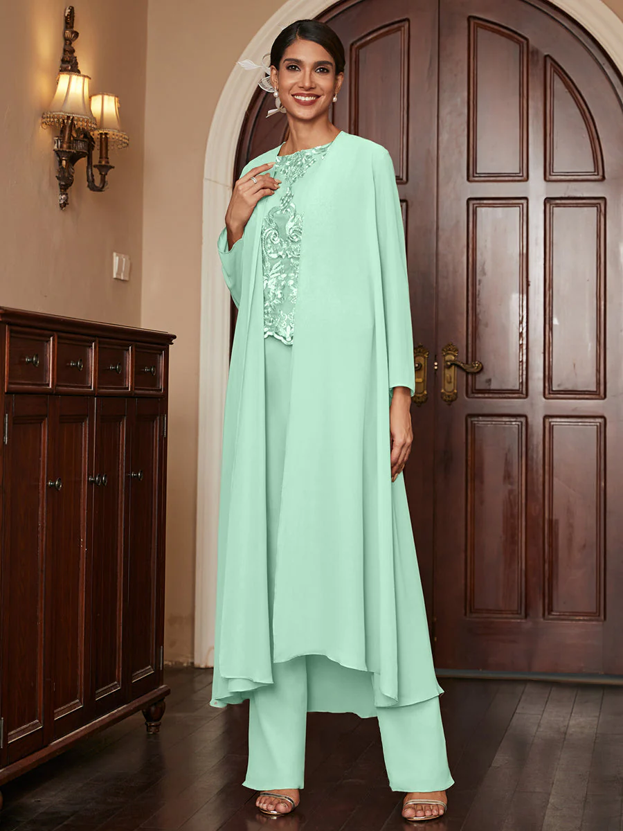 Chiffon Scoop Long Sleeves 3 Pieces Pantsuits with Appliques & Jacket - Image 62