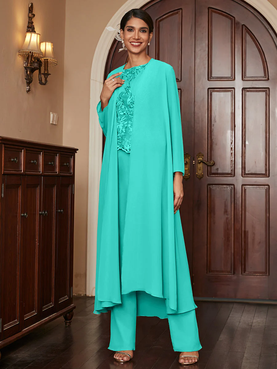 Chiffon Scoop Long Sleeves 3 Pieces Pantsuits with Appliques & Jacket - Image 64