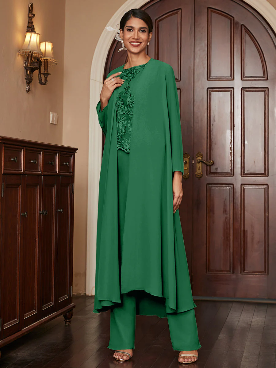 Chiffon Scoop Long Sleeves 3 Pieces Pantsuits with Appliques & Jacket - Image 68