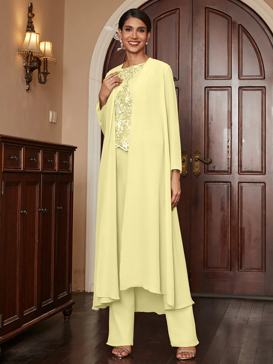 Chiffon Scoop Long Sleeves 3 Pieces Pantsuits with Appliques & Jacket - Image 70