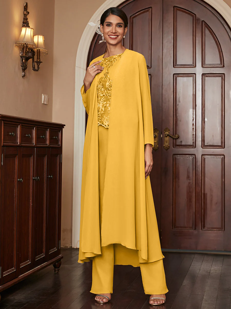 Chiffon Scoop Long Sleeves 3 Pieces Pantsuits with Appliques & Jacket - Image 71